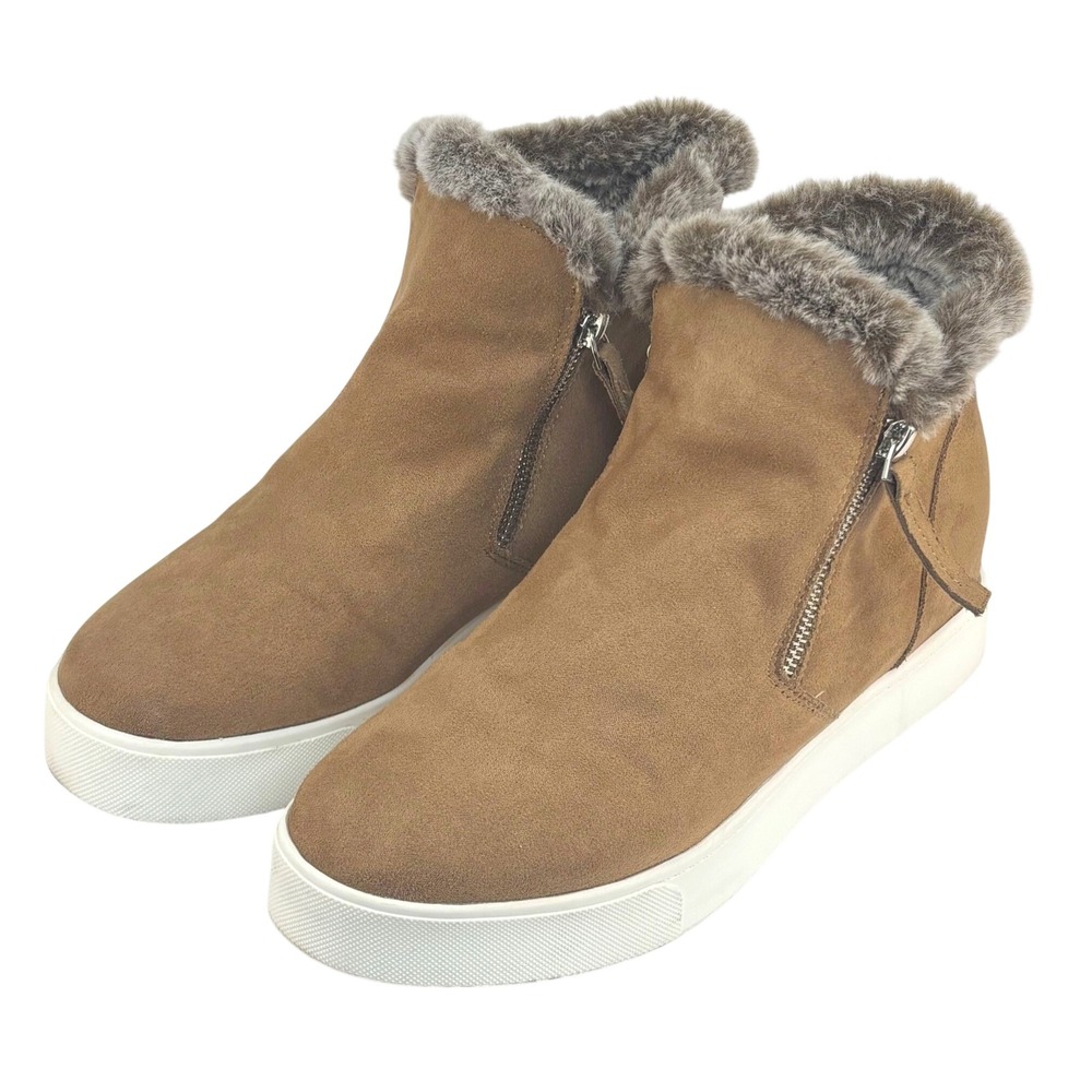 Soda Wedge Sneaker Booties Brown Faux Fur Trim Hidden Wedge Casual Womens 10